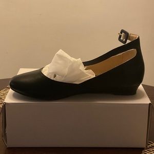 Black low wedge ankle strap flats